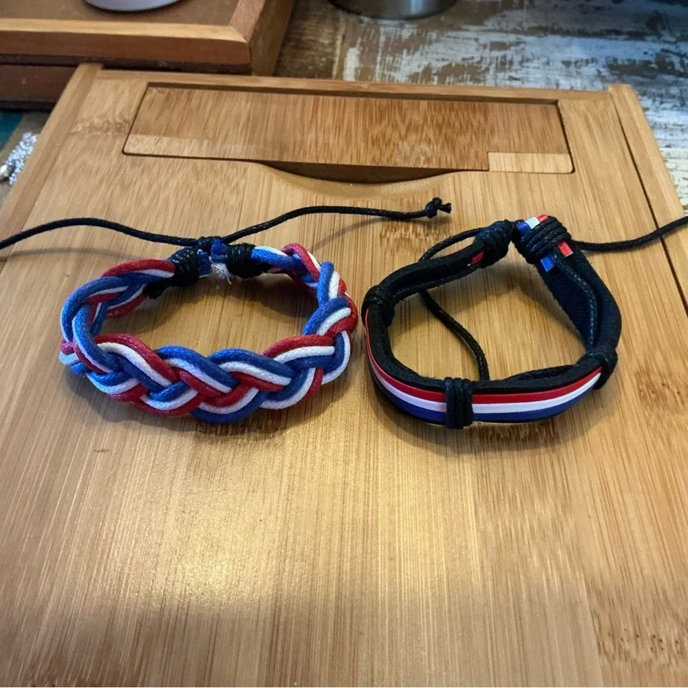 Red, White & Blue Braided and Strap Bracelet Set